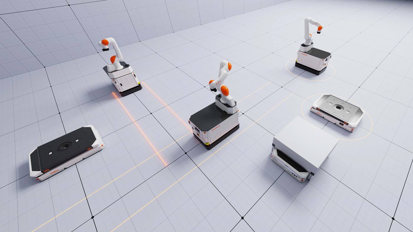 El sistema de gestión de flotas basado en IA KUKA.AMR Fleet garantiza la eficiencia logística óptima de su flota AMR.