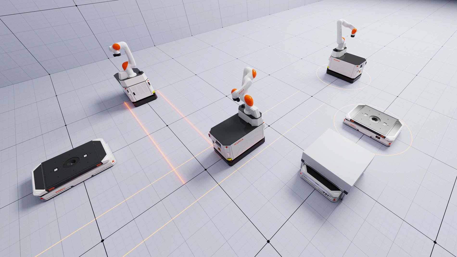 El sistema de gestión de flotas basado en IA KUKA.AMR Fleet garantiza la eficiencia logística óptima de su flota AMR.